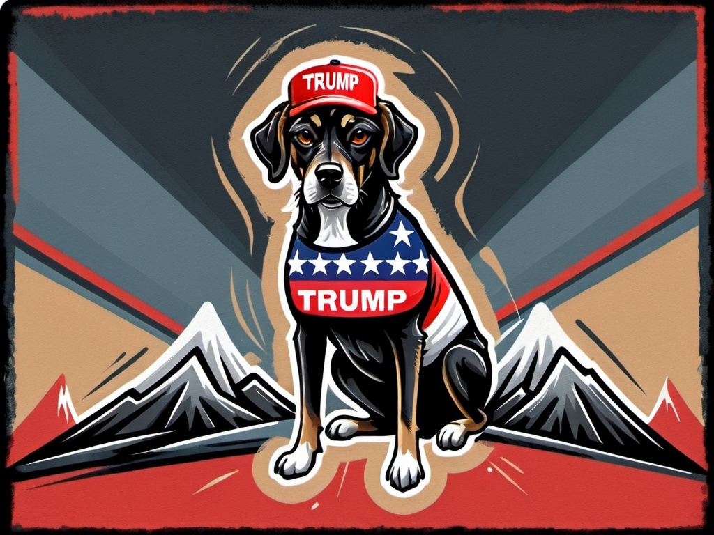 Prompt: Mountain cur black dog in pro trump clothing abstract art style