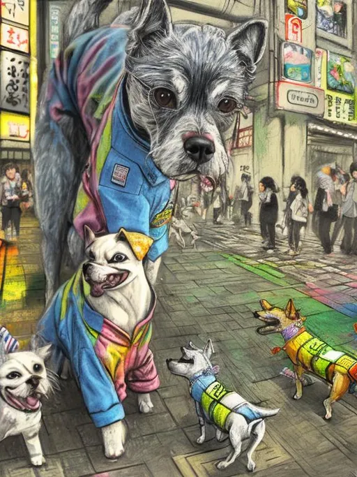 Prompt: pop art chalk pastel art of detailed dogs wearing clothes playing in the streets in japan during a festival, sketch, detailed background, highres, fun atmosphere, natural lighting,  abstract, fun