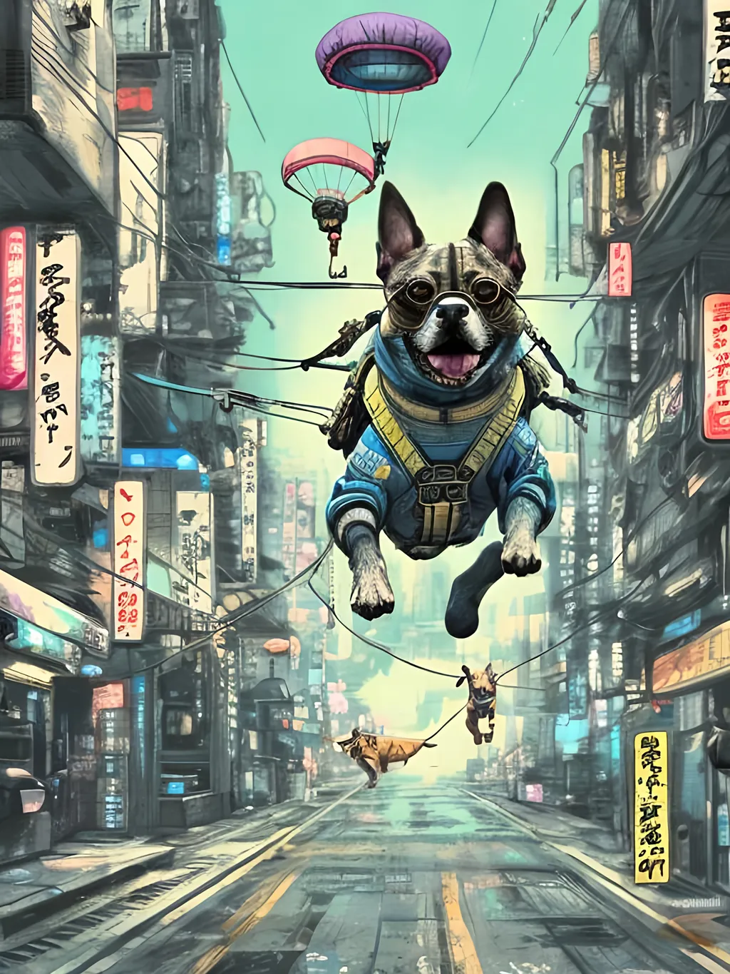 Prompt: chalk pastel style of a  detailed dog parachuting in cyberpunk japan, sketch, detailed background, highres, fun atmosphere, natural lighting,  abstract, fun