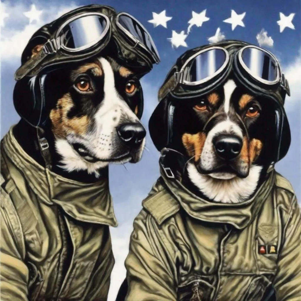 Prompt: mountain cur black dogs in pilots uniform 90s poster art