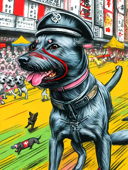 Prompt: pop art chalk pastel art of detailed dogs wearing nazi uniforms playing in the streets in japan during a festival, sketch, detailed background, highres, fun atmosphere, natural lighting,  abstract, fun