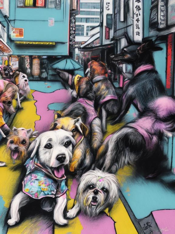 Prompt: pop art chalk pastel art of detailed dogs wearing clothes playing in the streets in japan during a festival, sketch, detailed background, highres, fun atmosphere, natural lighting,  abstract, fun