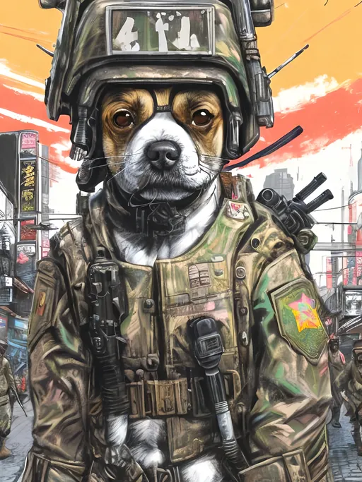 Prompt: pop art chalk pastel art of detailed dog wearing military uniforms<mymodel> playing in the streets in cyberpunk japan during a festival, sketch, detailed background, highres, fun atmosphere, natural lighting,  abstract, fun