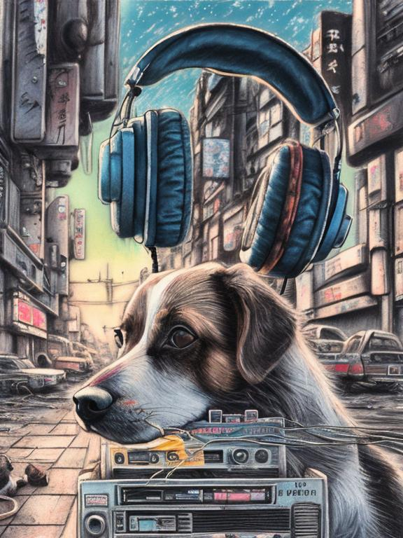 Prompt: chalk pastel art of a detailed dog listening to music on a tape player on the streets in post-apocalyptic Japan during a festival with planes in the background, sketch, detailed background, highres, fun atmosphere, natural lighting,  abstract, fun