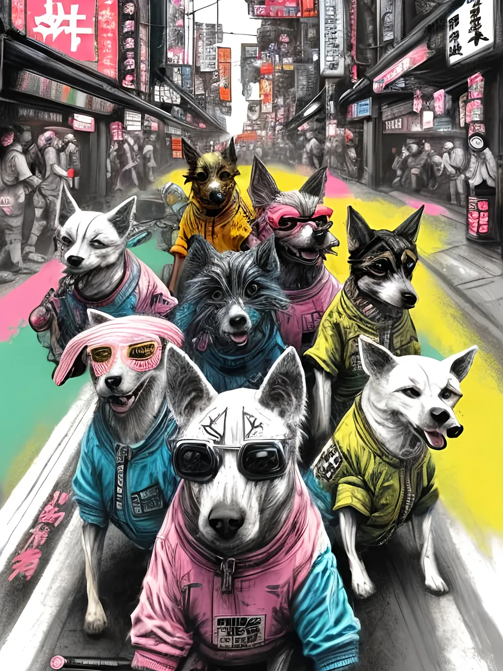 Prompt: pop art chalk pastel art of detailed dogs wearing gangster clothes playing in the streets in cyberpunk japan during a festival, sketch, detailed background, highres, fun atmosphere, natural lighting,  abstract, fun