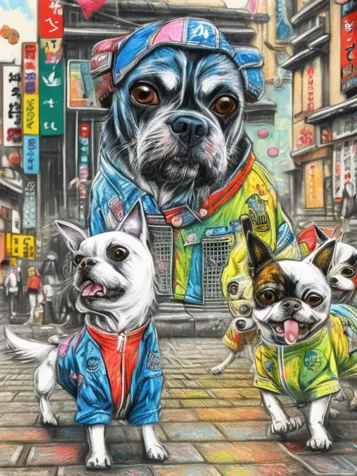 Prompt: pop art chalk pastel art of detailed dogs wearing clothes playing in the streets in japan during a festival, sketch, detailed background, highres, fun atmosphere, natural lighting,  abstract, fun