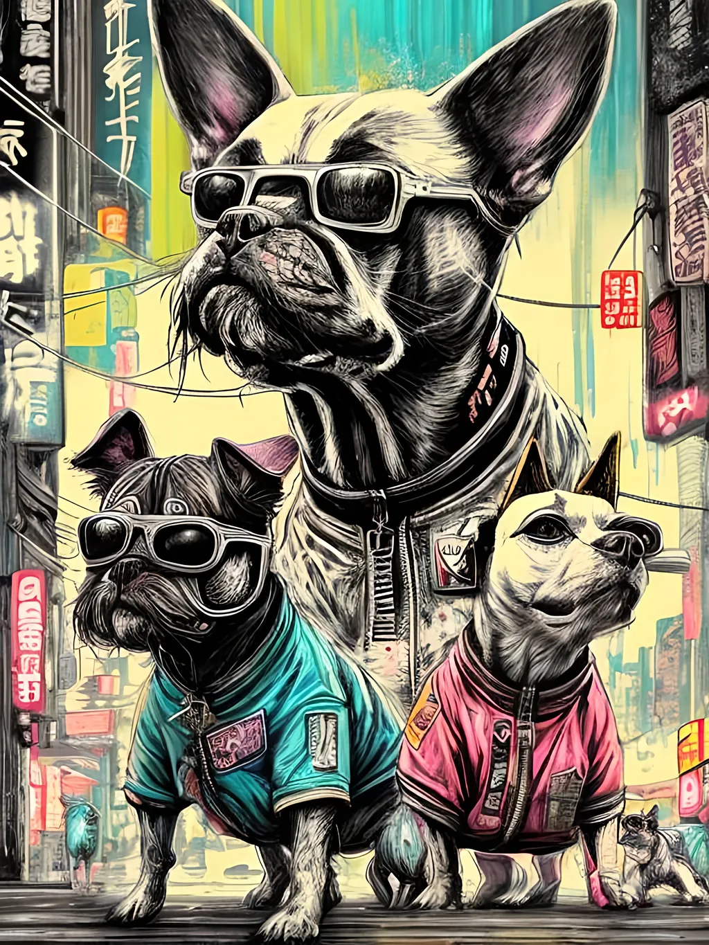 Prompt: pop art chalk pastel art of detailed dogs wearing gangster clothes playing in the streets in cyberpunk japan during a festival, sketch, detailed background, highres, fun atmosphere, natural lighting,  abstract, fun