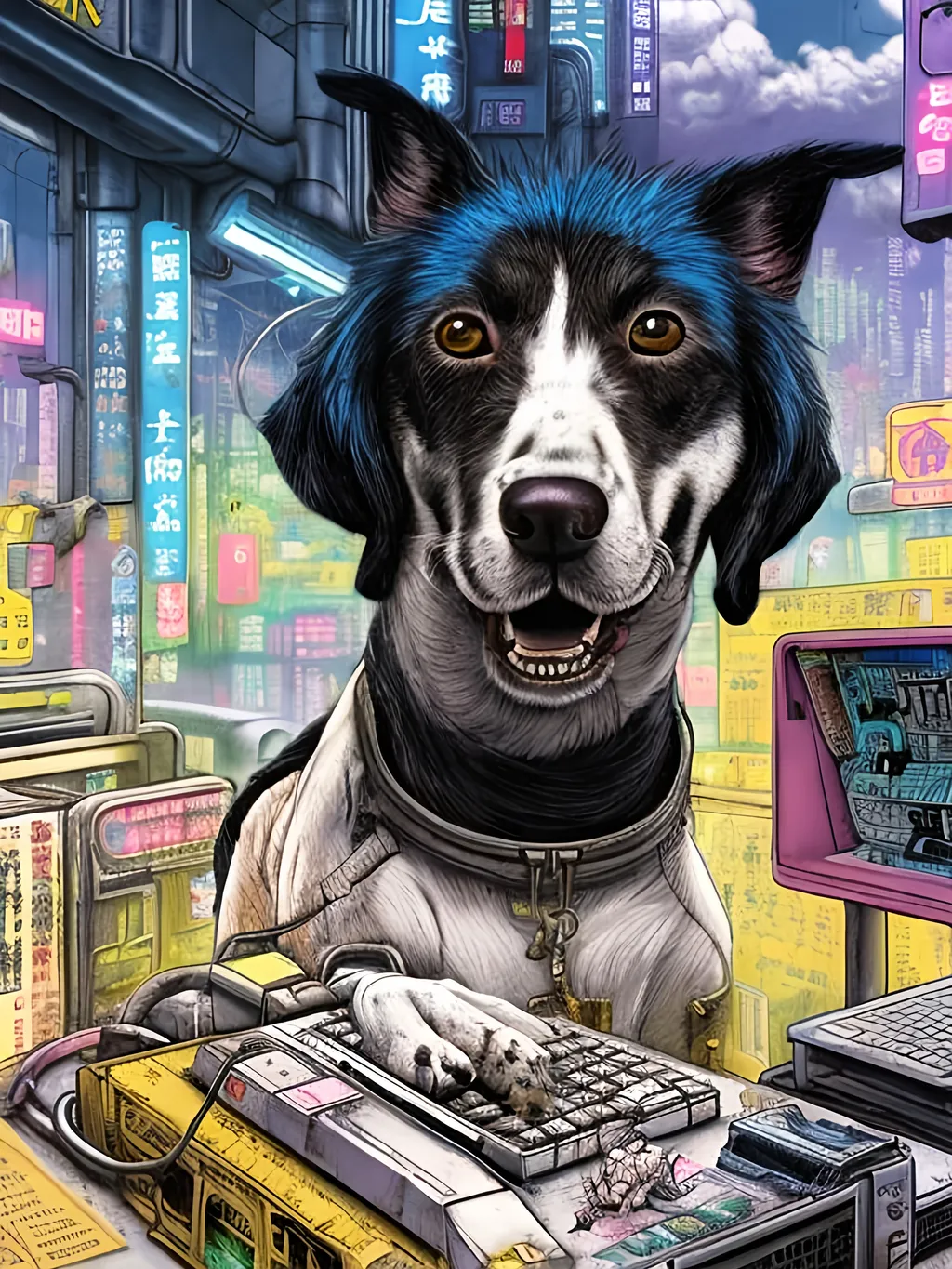 Prompt: pop art chalk pastel art of a detailed dog hacking a computer on the subway train in cyberpunk japan with planes in the background, sketch, detailed background, highres, fun atmosphere, natural lighting,  abstract, fun