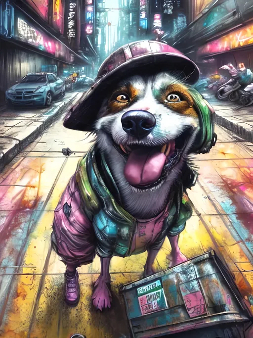 Prompt: Detailed happy dog wearing clothes dumpster diving during a festival, sketch, chalk pastel, detailed cyberpunk city background, grunge, highres, abstract, natural lighting, lively atmosphere, fun, detailed dogs, vibrant, happy-go-lucky