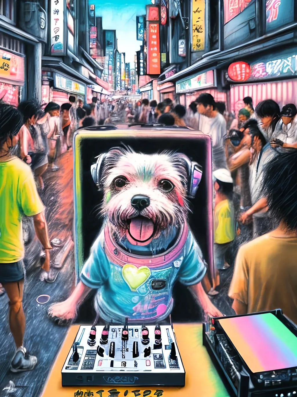 Prompt: chalk pastel art of detailed dog DJing in the streets in Japan during a festival, sketch, detailed background, highres, fun atmosphere, natural lighting,  abstract, fun