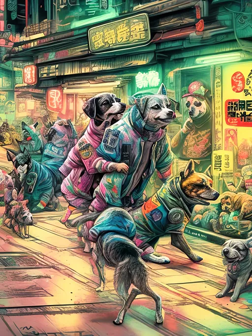 Prompt: pop art chalk pastel art of detailed dogs wearing gangster clothes playing in the streets in cyberpunk japan during a festival, sketch, detailed background, highres, fun atmosphere, natural lighting,  abstract, fun
