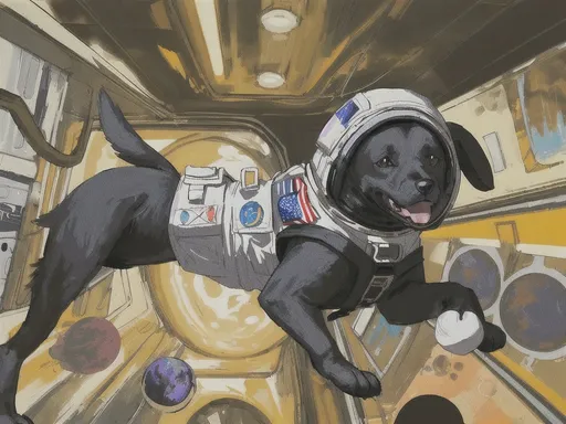 Prompt: abstract art, black dogs, in space, in astronaut outfit