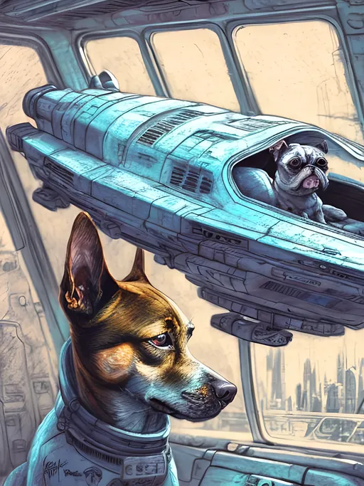 Prompt: chalk pastel style of a  detailed dog in a cyberpunk spaceship, sketch, detailed background, highres, fun atmosphere, natural lighting,  abstract, fun