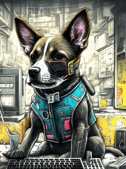 Prompt: pop art chalk pastel art of detailed dog hacking computers in post apocalyptic Japan, sketch, detailed background, highres, fun atmosphere, natural lighting,  abstract, fun