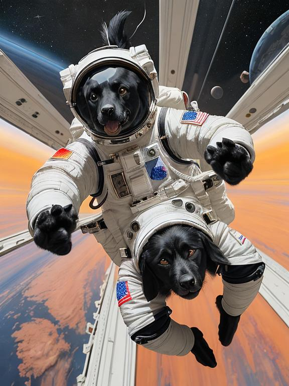 Prompt: abstract style art of black dogs in space in astronaut outfits