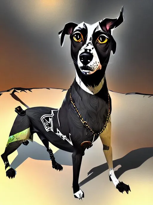 Prompt: mountain cur black dog in gangster clothes abstract art