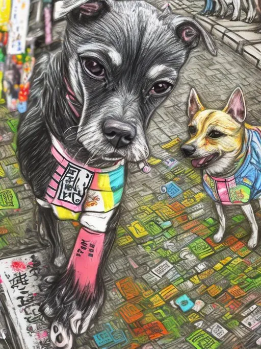 Prompt: pop art chalk pastel art of detailed dogs wearing clothes playing in the streets in japan during a festival, sketch, detailed background, highres, fun atmosphere, natural lighting,  abstract, fun