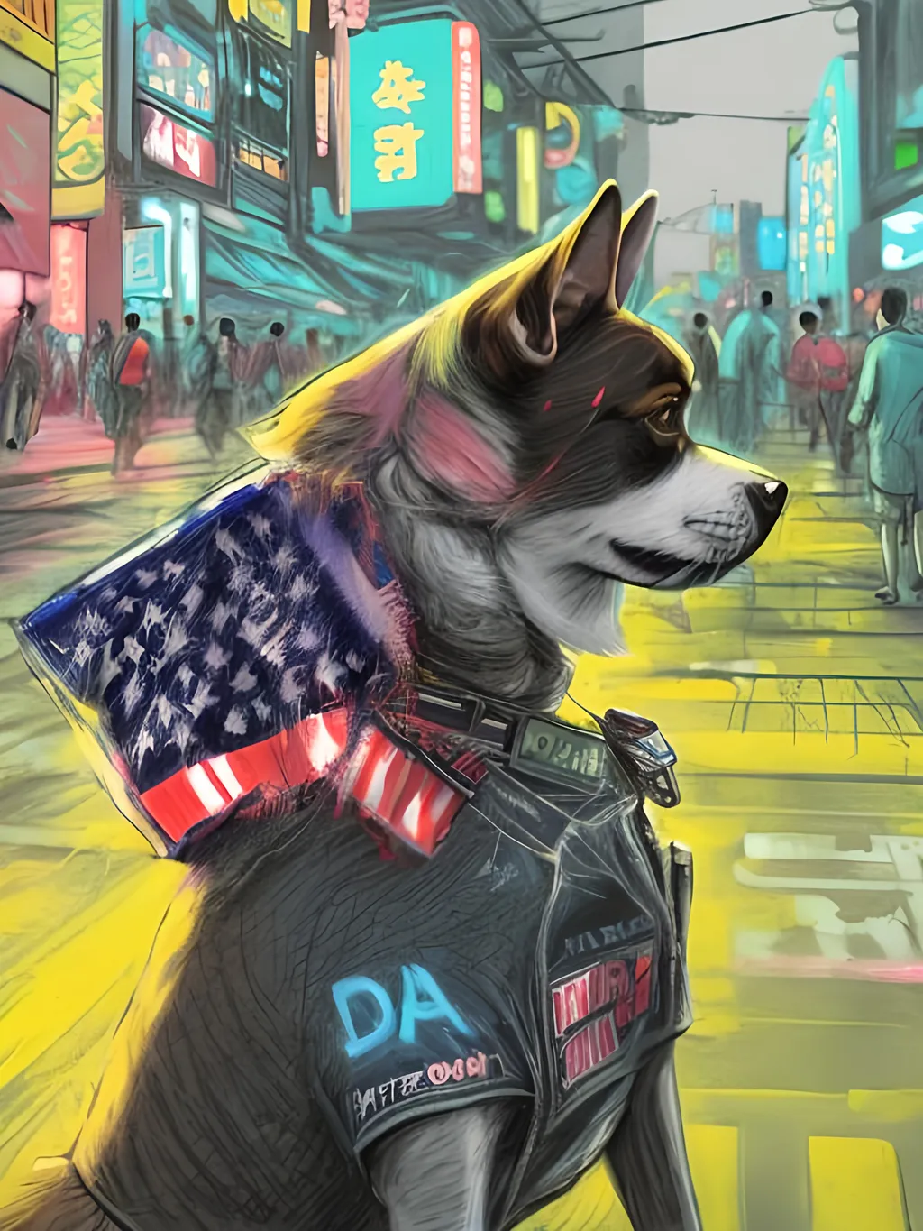 Prompt: pop art chalk pastel art of detailed dog wearing USA clothes playing in the streets in cyberpunk japan during a festival, sketch, detailed background, highres, fun atmosphere, natural lighting,  abstract, fun