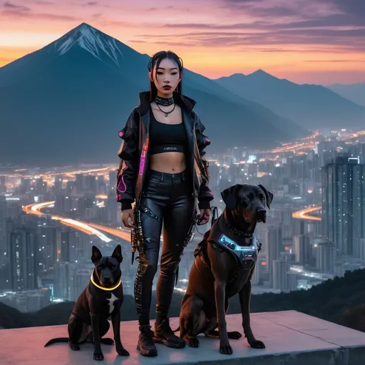 Prompt: sunset cyberpunk with mountain cur black dog and asian girl