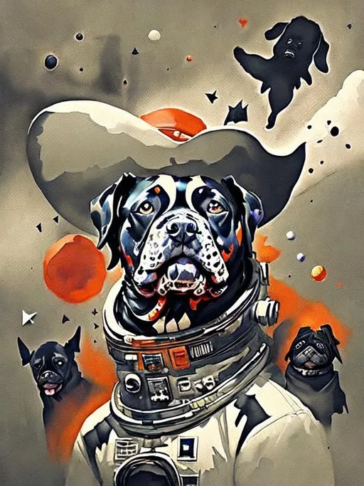 Prompt: Surrealism black dogs in gangster outfits in space, abstract art style, cowboy hat, fun atmosphere, floating celestial bodies, mysterious nebulae, dreamlike, surreal, high contrast, otherworldly, abstract, space, astronaut, fun atmosphere, celestial bodies, dreamlike, surreal, high contrast, mysterious, nebulae, dogs, usa, patriotic, trump