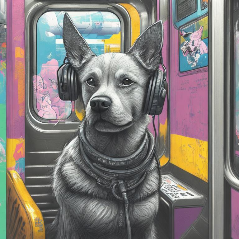 Prompt: pop art chalk pastel art of a detailed dog listening to music on the subway train in cyberpunk japan with planes in the background, sketch, detailed background, highres, fun atmosphere, natural lighting,  abstract, fun