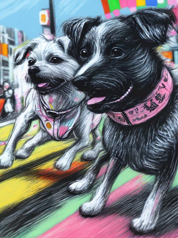 Prompt: pop art chalk pastel art of detailed dogs wearing clothes playing in the streets in japan during a festival, sketch, detailed background, highres, fun atmosphere, natural lighting,  abstract, fun