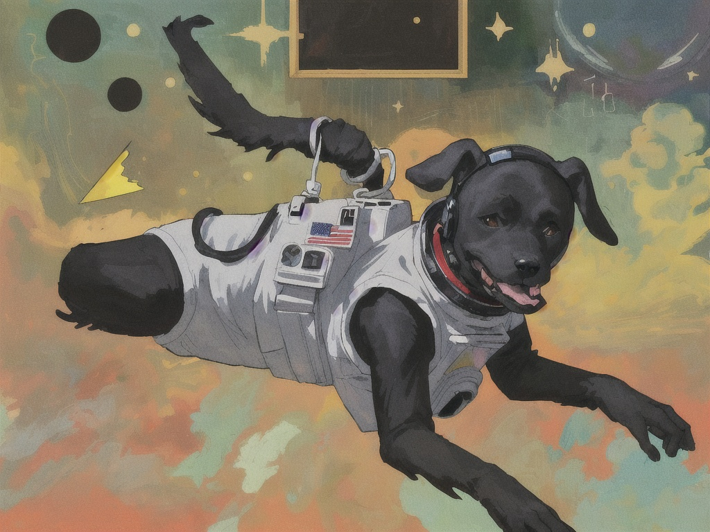 Prompt: abstract art, black dog, in space, in astronaut outfit