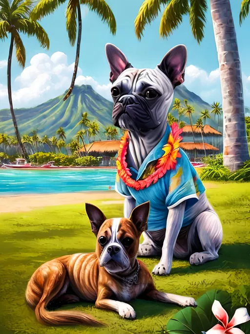 Prompt: chalk pastel style of a  detailed dog getting its hair braided in a Hawaiian shirt in Jamaica, sketch, detailed background, highres, fun atmosphere, natural lighting,  abstract, fun