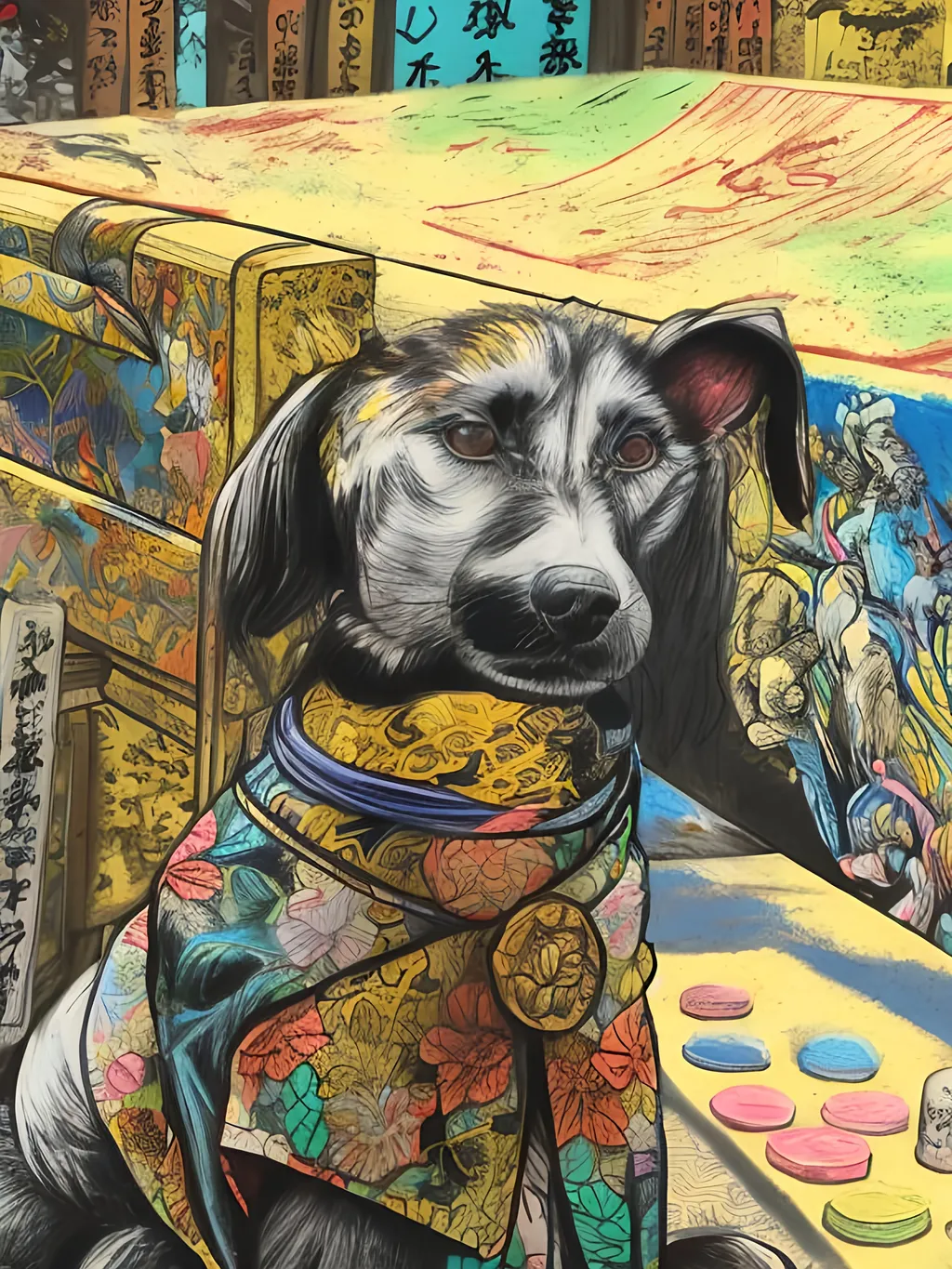 Prompt: pop art chalk pastel style of a  detailed dog in a kimono at a shrine, sketch, detailed background, highres, fun atmosphere, natural lighting,  abstract, fun