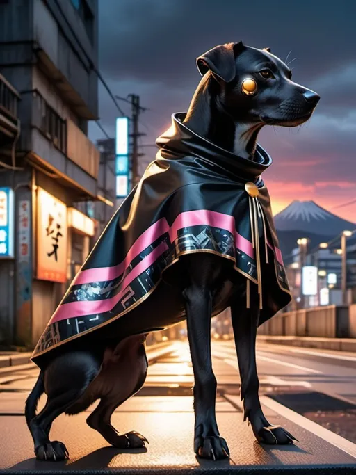 Prompt: mountain cur black dog in japanese cyberpunk city with sun set in a cape