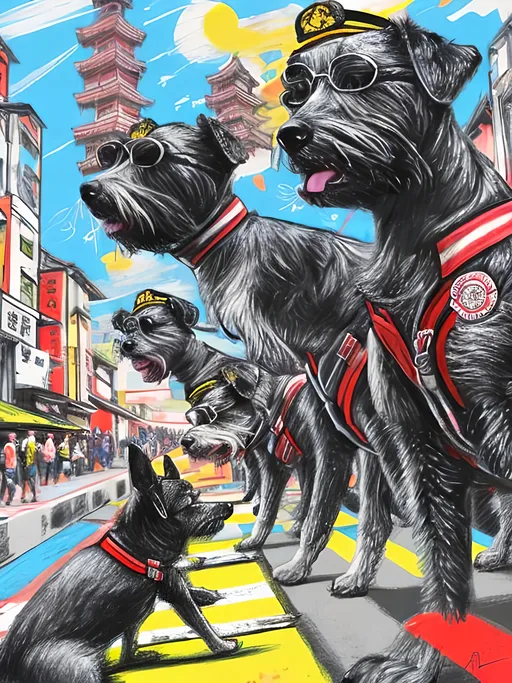 Prompt: pop art chalk pastel art of detailed dogs wearing pilot uniforms playing in the streets in japan during a festival, sketch, detailed background, highres, fun atmosphere, natural lighting,  abstract, fun