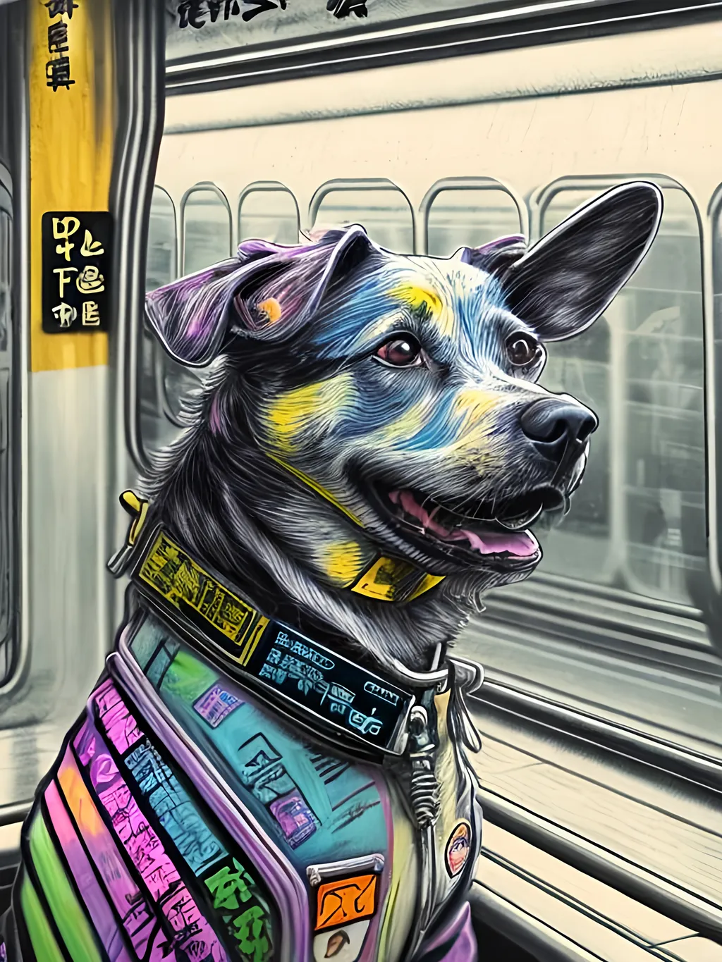 Prompt: pop art chalk pastel art of detailed dog on a train in cyberpunk japan during a festival, sketch, detailed background, highres, fun atmosphere, natural lighting,  abstract, fun