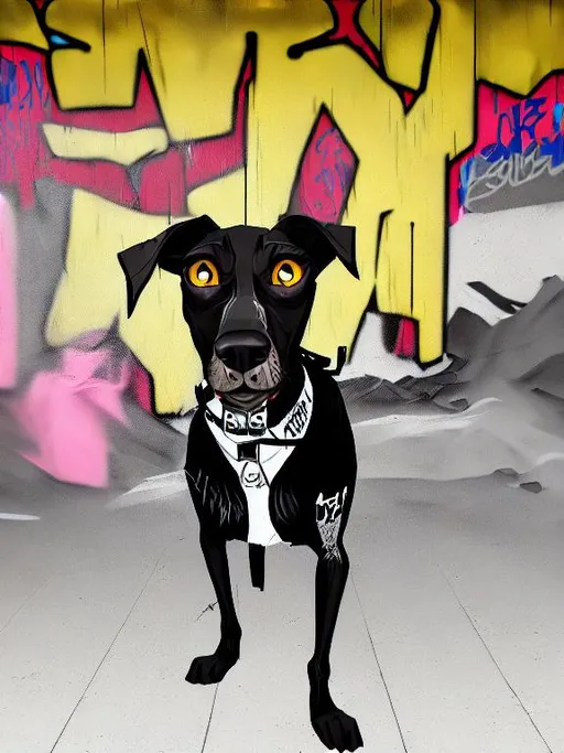 Prompt: mountain cur black dog in gangster clothing graffiti