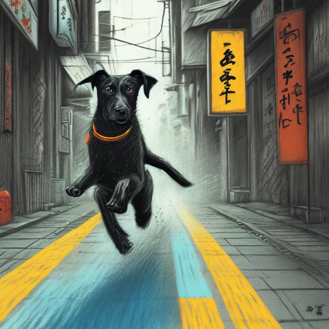 Prompt: chalk pastel art of a black dog wearing clothes chasing a chicken in the streets in japan, sketch, detailed background, highres, fun atmosphere, natural lighting, pastel colors, abstract, fun