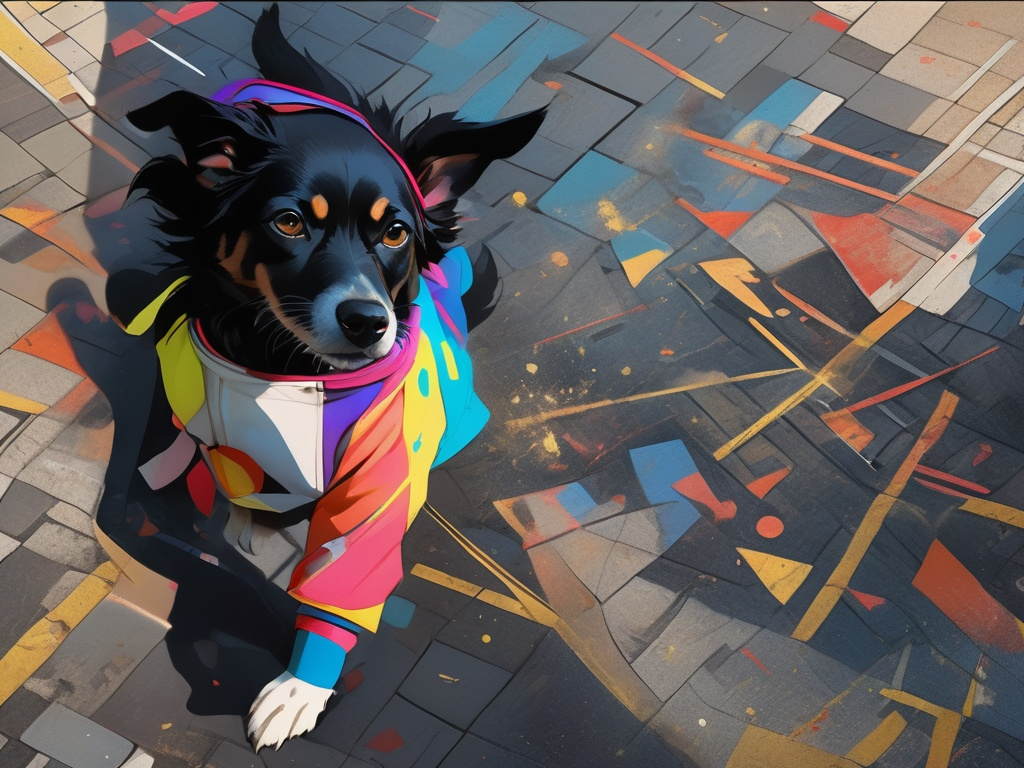 Prompt: black dog wearing ninja clothes having fun in the streets with a battle in the background, dogs, abstract art, Screen print, splash screen art, triadic colors, digital art, 8k resolution trending on Artstation, golden ratio, akira, symmetrical, rule of thirds, geometric bauhaus, Studio Ghibli, Anime Key Visual, by Makoto Shinkai, Deep Color, Intricate, 8k resolution concept art, Natural Lighting, Beautiful Composition