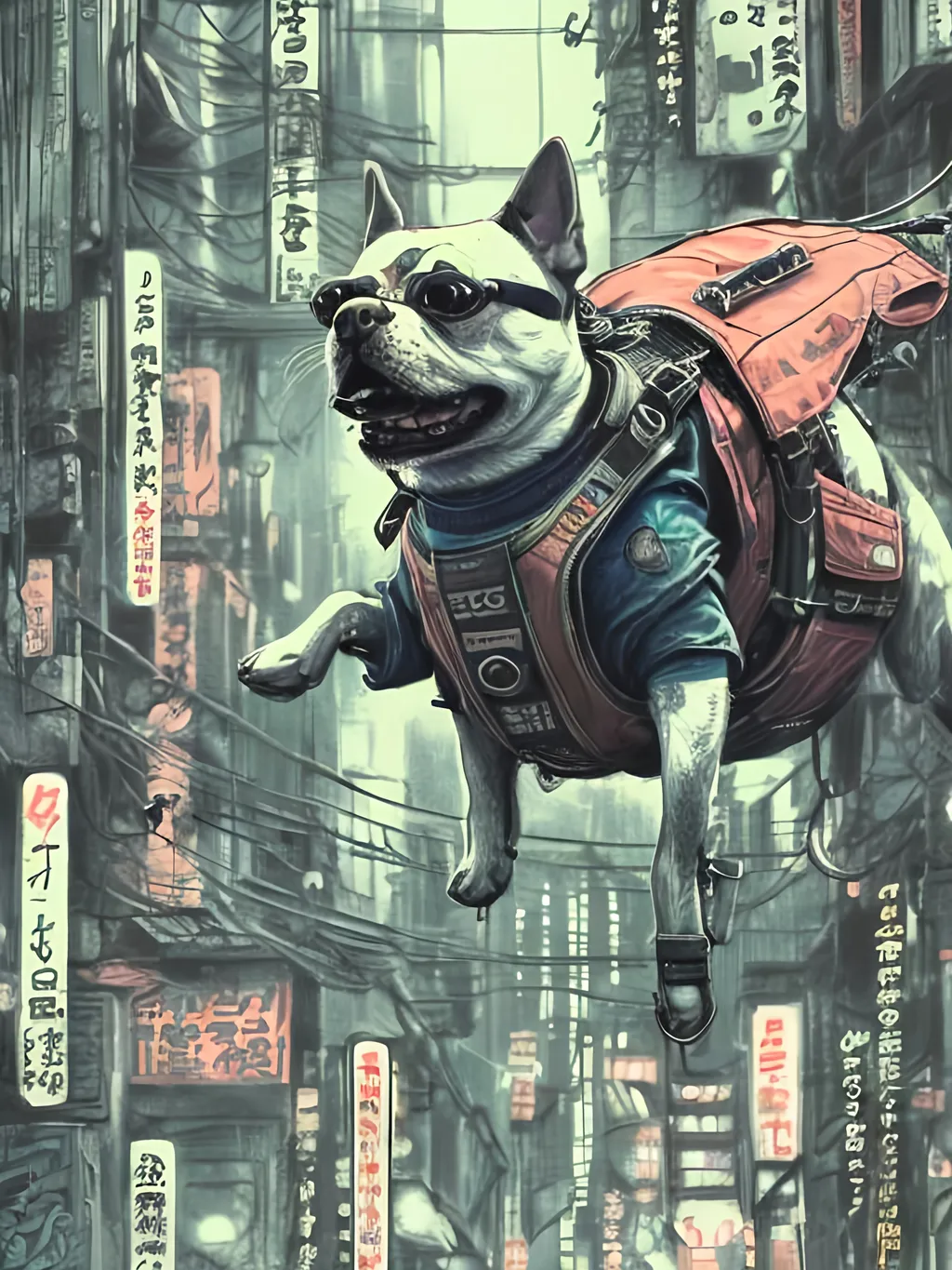 Prompt: chalk pastel style of a  detailed dog parachuting in cyberpunk japan, sketch, detailed background, highres, fun atmosphere, natural lighting,  abstract, fun