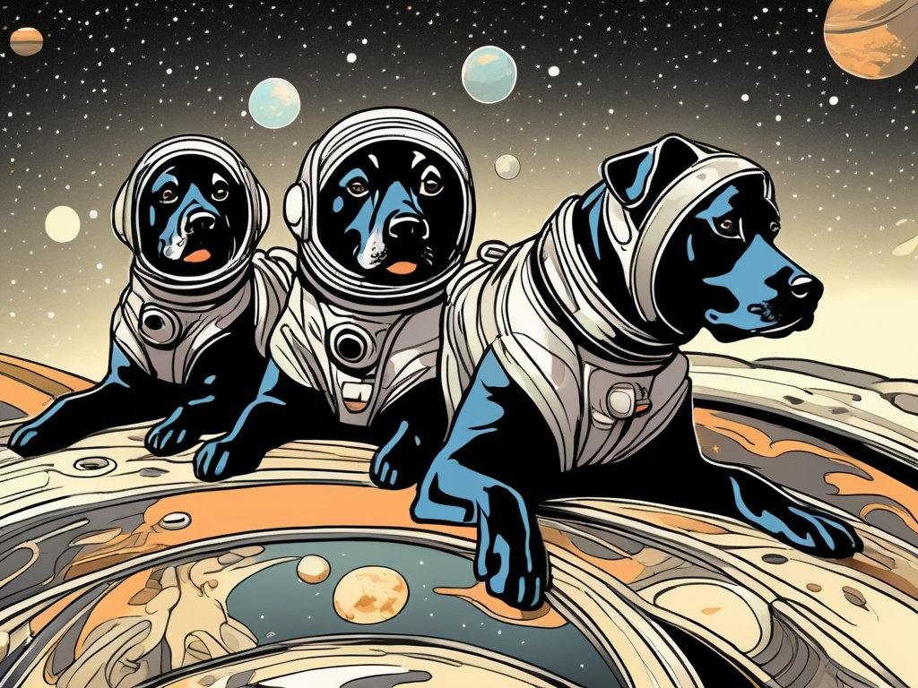 Prompt: Art Nouveau style black dogs in space in astronaut outfits