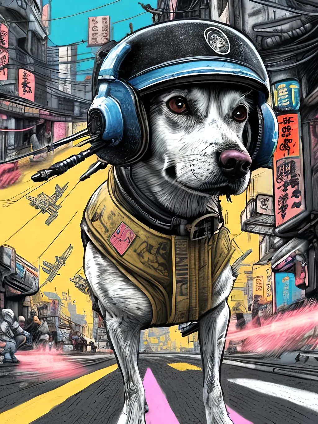 Prompt: pop art chalk pastel art of a detailed dog wearing a pilot uniform playing in the streets in cyberpunk japan during a festival, sketch, detailed background, highres, fun atmosphere, natural lighting,  abstract, fun