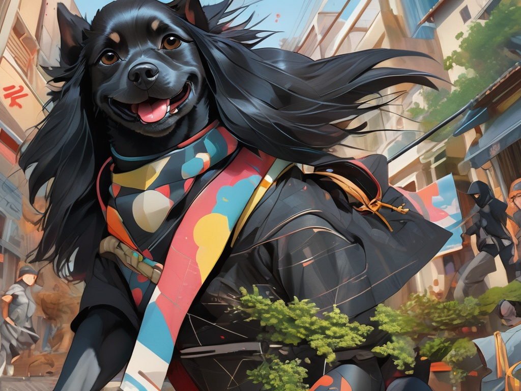 Prompt: black dog wearing ninja clothes having fun in the streets with a battle in the background, dogs, abstract art, Screen print, digital art, 8k resolution trending on Artstation, golden ratio, akira, rule of thirds, geometric bauhaus, Studio Ghibli, Anime Key Visual, by Makoto Shinkai, Deep Color, Intricate, 8k resolution concept art, Natural Lighting, Beautiful Composition