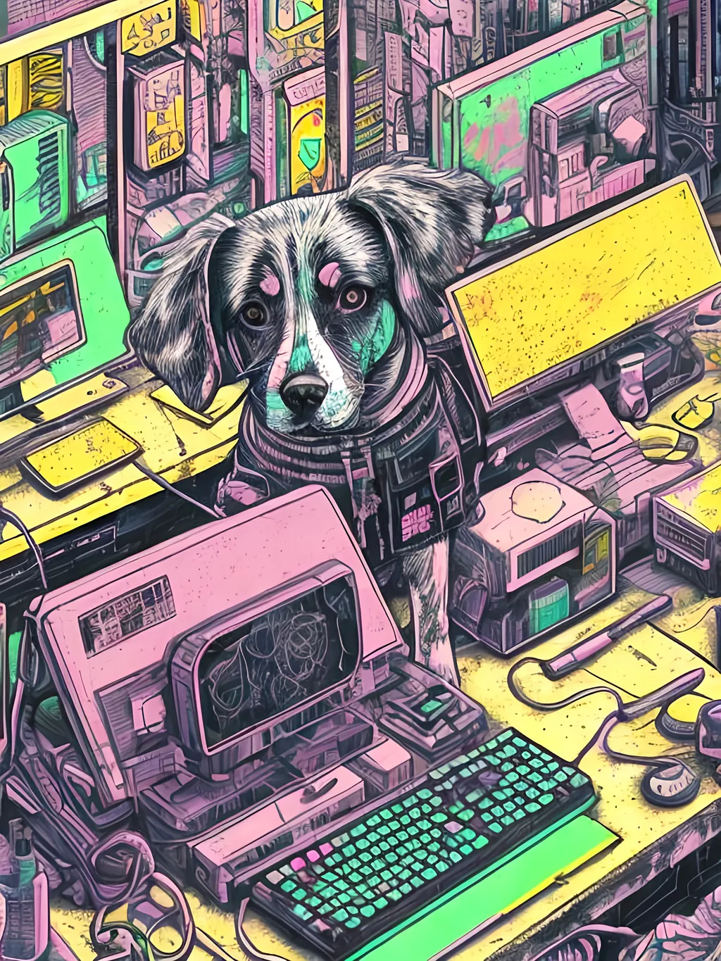 Prompt: pop art chalk pastel art of detailed dog hacking computers in cyberpunk japan, sketch, detailed background, highres, fun atmosphere, natural lighting,  abstract, fun