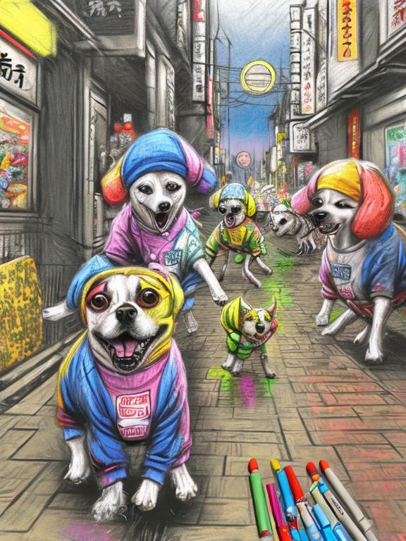 Prompt: pop art chalk pastel art of detailed dogs wearing clothes playing in the streets in japan during a festival, sketch, detailed background, highres, fun atmosphere, natural lighting,  abstract, fun