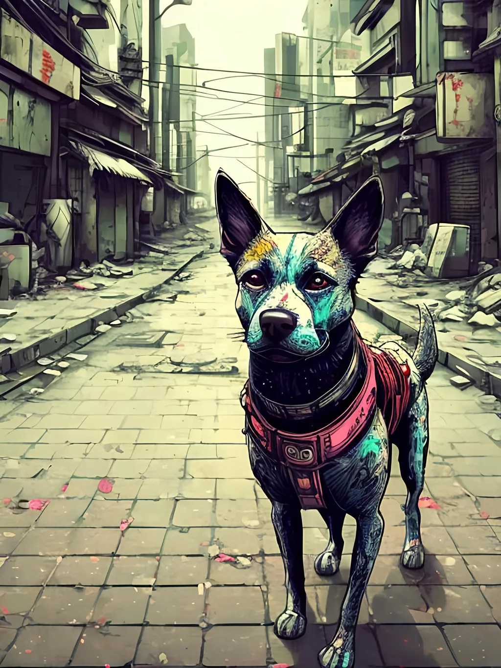 Prompt: pop art chalk pastel style of a detailed dog in the streets in post-apocalyptic japan during a festival, sketch, detailed background, highres, fun atmosphere, natural lighting,  abstract, fun