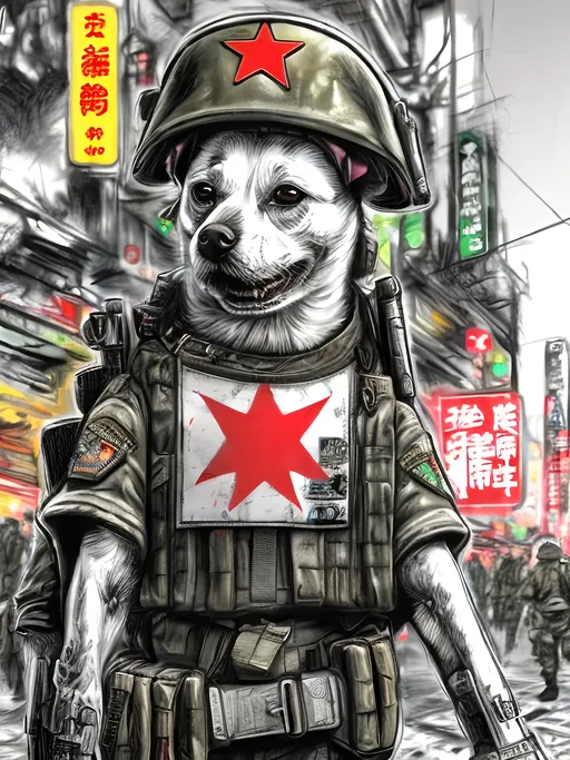 Prompt: pop art chalk pastel art of detailed dog wearing military uniforms<mymodel> playing in the streets in cyberpunk japan during a festival, sketch, detailed background, highres, fun atmosphere, natural lighting,  abstract, fun