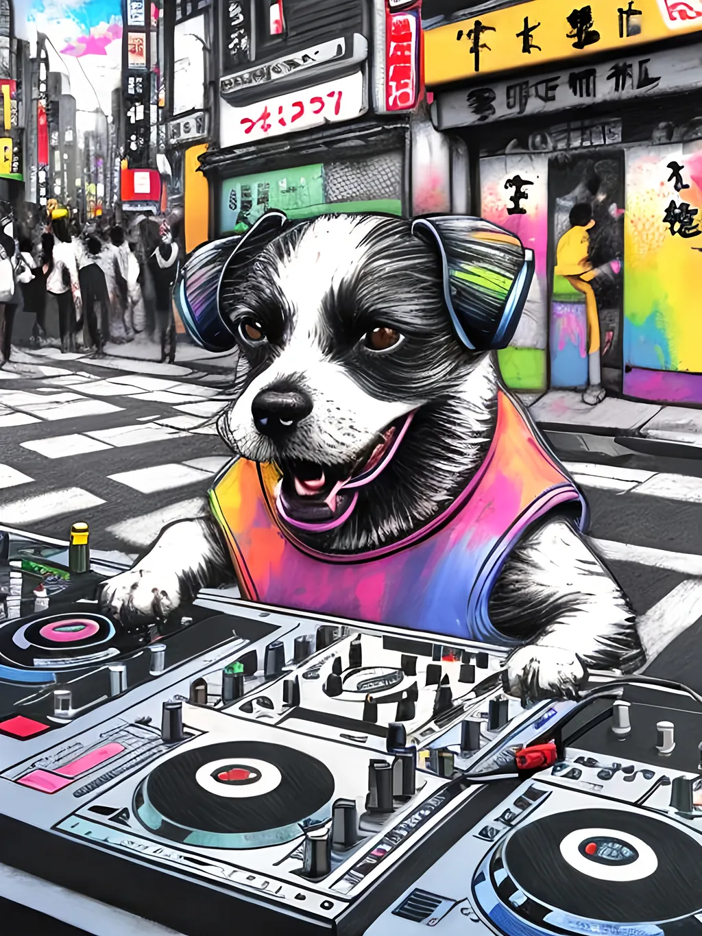 Prompt: pop art chalk pastel art of detailed dog DJing in the streets in Japan, sketch, detailed background, highres, fun atmosphere, natural lighting,  abstract, fun