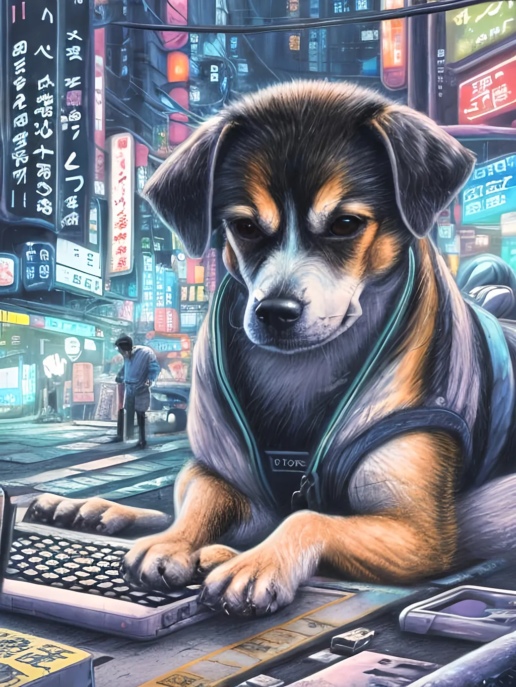 Prompt: chalk pastel art of a detailed dog hacking a computer on the streets in cyberpunk japan with planes in the background, sketch, detailed background, highres, fun atmosphere, natural lighting,  abstract, fun