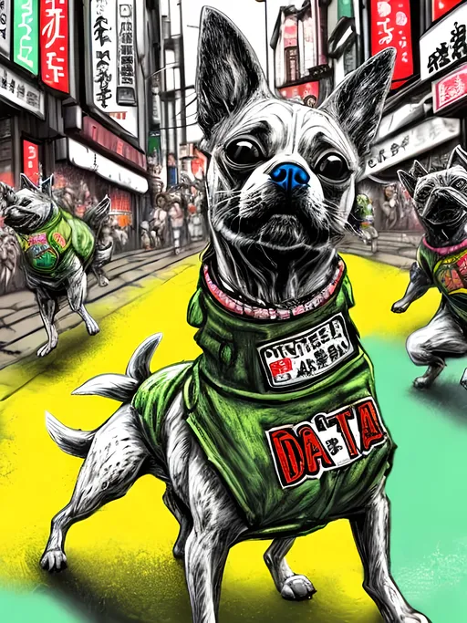 Prompt: pop art chalk pastel art of detailed dogs wearing gangster clothes playing in the streets in japan during a festival, sketch, detailed background, highres, fun atmosphere, natural lighting,  abstract, fun