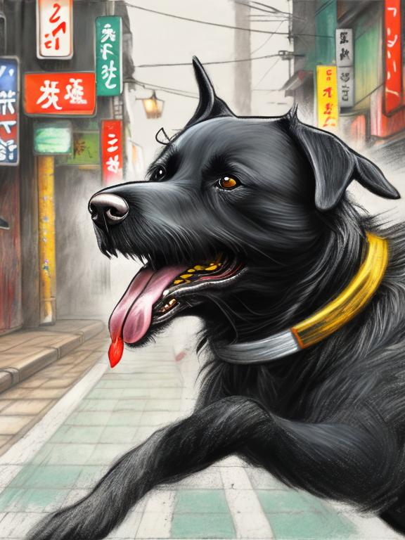 Prompt: chalk pastel art of a black dog wearing  clothes chasing a chicken in the streets in japan, sketch, detailed background, highres, fun atmosphere, natural lighting, pastel colors, abstract, fun