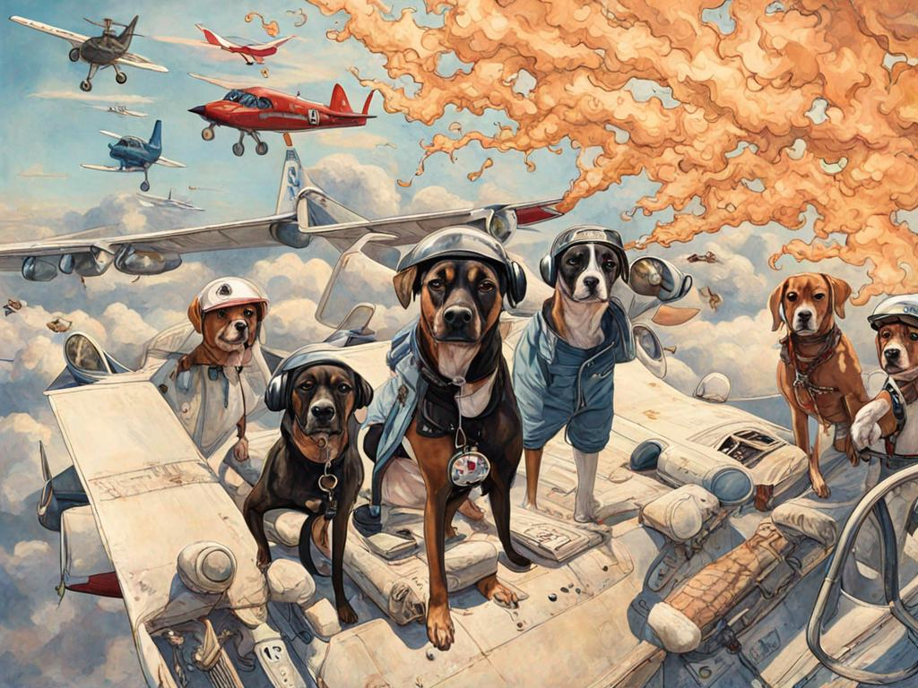 Prompt: black mountain cur dogs rap album dressed as airplane pilots