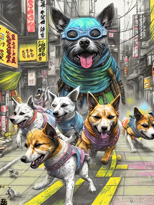 Prompt: pop art chalk pastel art of detailed dogs wearing ninja clothes playing in the streets in cyberpunk japan during a festival, sketch, detailed background, highres, fun atmosphere, natural lighting,  abstract, fun