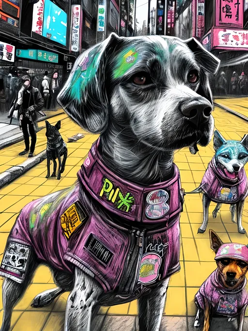 Prompt: pop art chalk pastel art of detailed dogs wearing punk clothes in the streets in cyberpunk japan during a festival, sketch, detailed background, highres, fun atmosphere, natural lighting,  abstract, fun